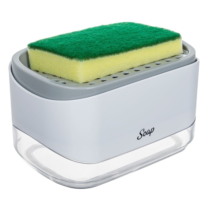 Dispenser bucatarie pentru detergent lichid Shopiens®, alb/gri cu suport pentru burete si baza antiderapanta, 14 x 10 x 8 cm