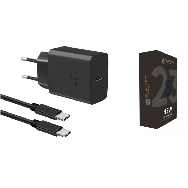 Incarcator super Fast Charge 45W PD usb C, T4510 compatibil cu Samsung S25, S24, S24 ultra, 1 Cablu de date 1.8m USB-C - C 5A