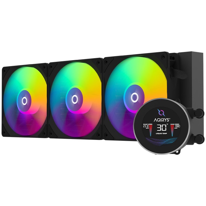 Cooler procesor AQIRYS Hydra 360 AiO ARGB, Compatibil Intel/AMD, afisaj LCD, negru