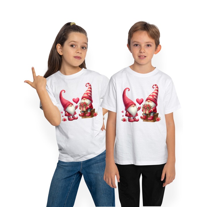 Gyermek póló 2 törpével, illusztráció, szívek, elismerés, tisztelet, pattogatott kukorica, Fehér