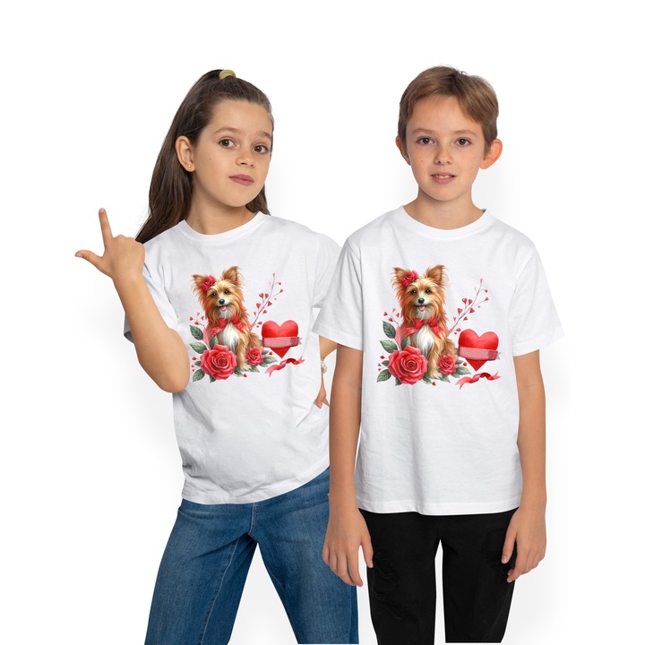 Póló Gyermekek boldog kiskutyával, illusztráció, rózsák, szívek, szerelem, elismerés, íj, öröm, Valentin-nap, Fehér