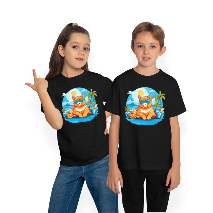 Póló gyerekek macskával a tengeren, napszemüveg, pálmafa, strand, víz, tenger, pihenés, illusztráció, Fekete