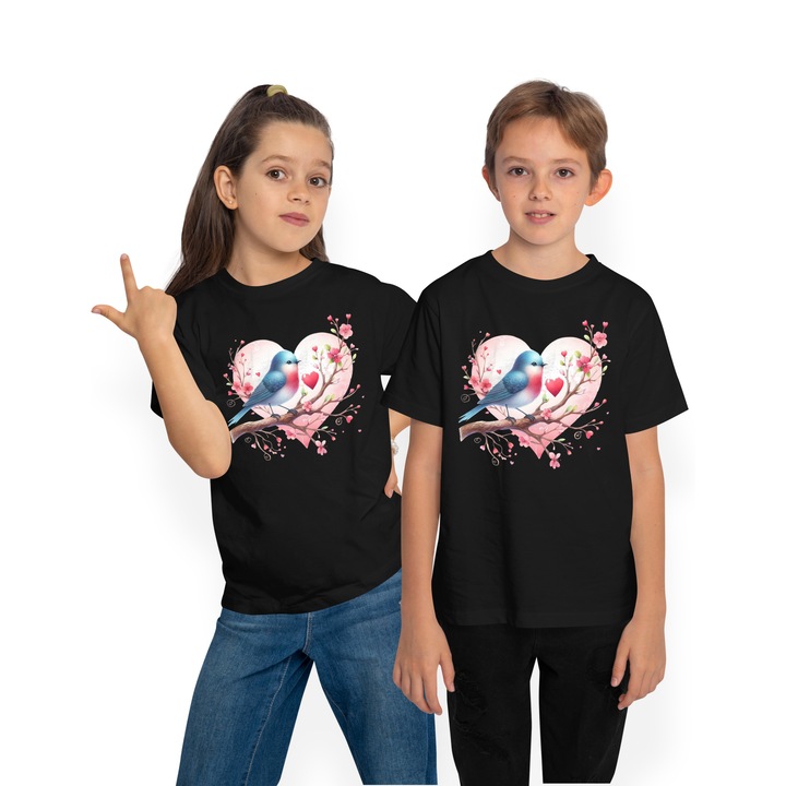 Póló Gyermekek egy ágon ülő madárral, illusztráció, szívek, szerelem, pattogatott kukorica, elismerés, Valentin-nap, Fekete