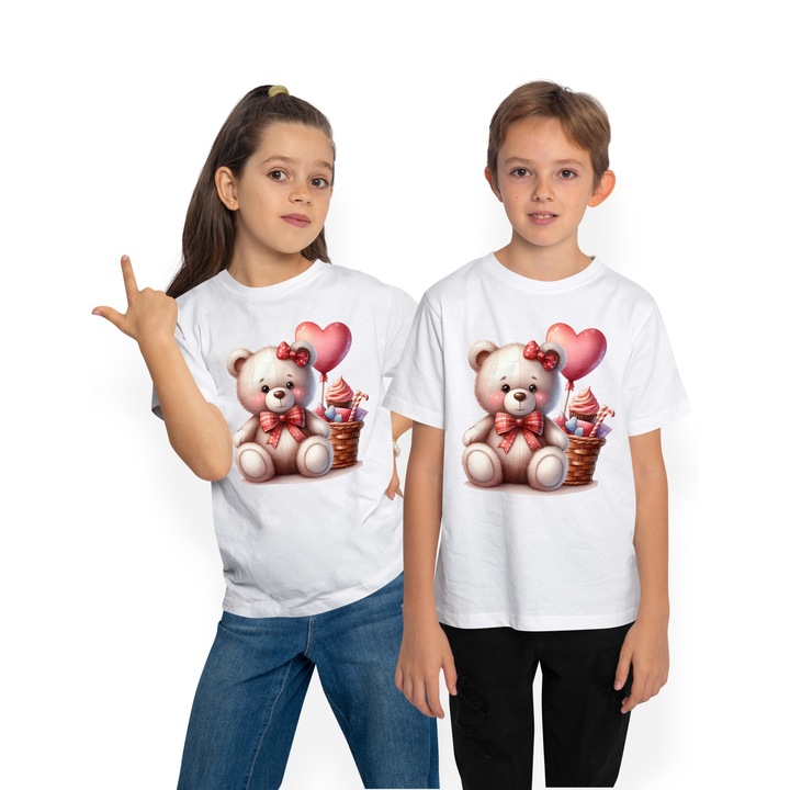 Gyermek póló mackóval, illusztrációval, boldog, szív, szerelem, szerelem, édesség, Fehér