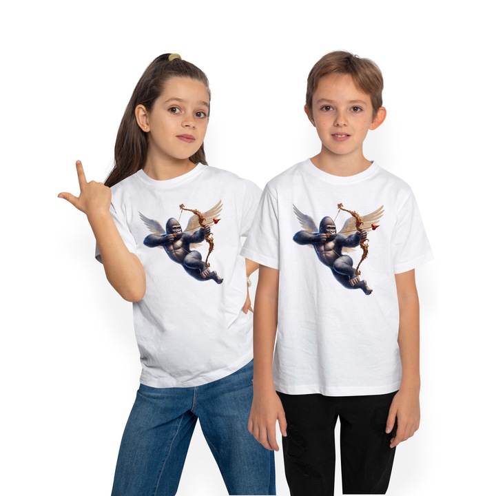 Gyermek póló gorilla Cupidoval, illusztráció, íjászat, szárnyak, szerelem, nyíl, Valentin-nap, Fehér