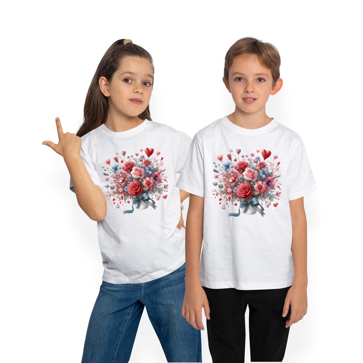 Póló Gyerekek egy cserép virággal, illusztráció, ajándék, elismerés, szívek, rózsák, paradicsom, szerelem, Fehér