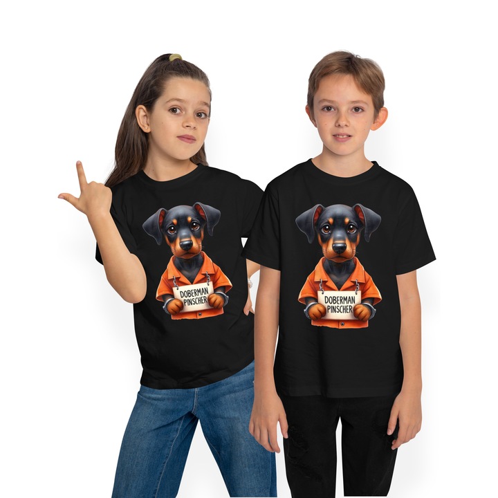 Póló Gyermekek dobermann pinscher kiskutyával a börtönben, illusztráció, szomorú, börtön egyenruha, bilincs, Fekete