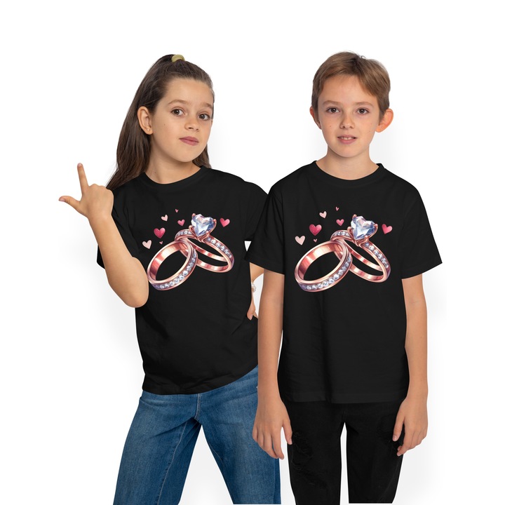 Gyermek póló 2 gyémánt gyűrűvel, illusztrációval, szívvel, eljegyzéssel, szerelemmel, szerelemmel, ajándékkal, Fekete