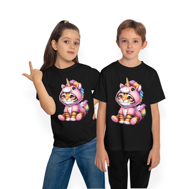 Gyerek póló egyszarvúnak öltözött tigrissel, illusztráció, játékos, vidám, vidám, Fekete