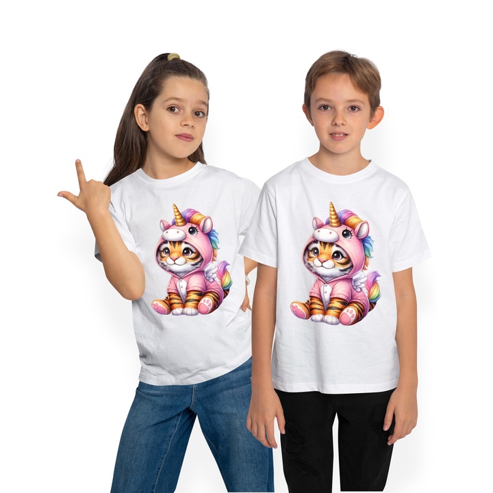 Gyerek póló egyszarvúnak öltözött tigrissel, illusztráció, játékos, vidám, vidám, Fehér