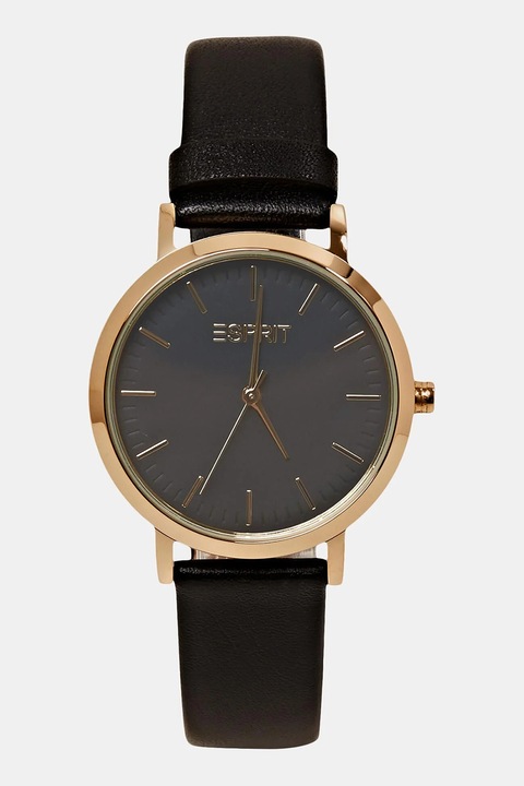 Esprit, Часовник с кожена каишка и лого на циферблата, Златист, Черен