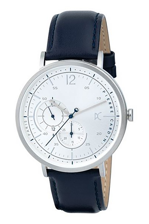 Pierre Cardin, Мултифункционален часовник с кожена каишка, Сребрист, Тъмносин