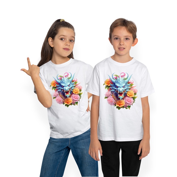 Tricou Copii cu un dragon albastru furios, isi arata coltii, an chinezesc, ilustratie, florica1`sele, plante 100% Bumbac, Unisex, Alb, Alb