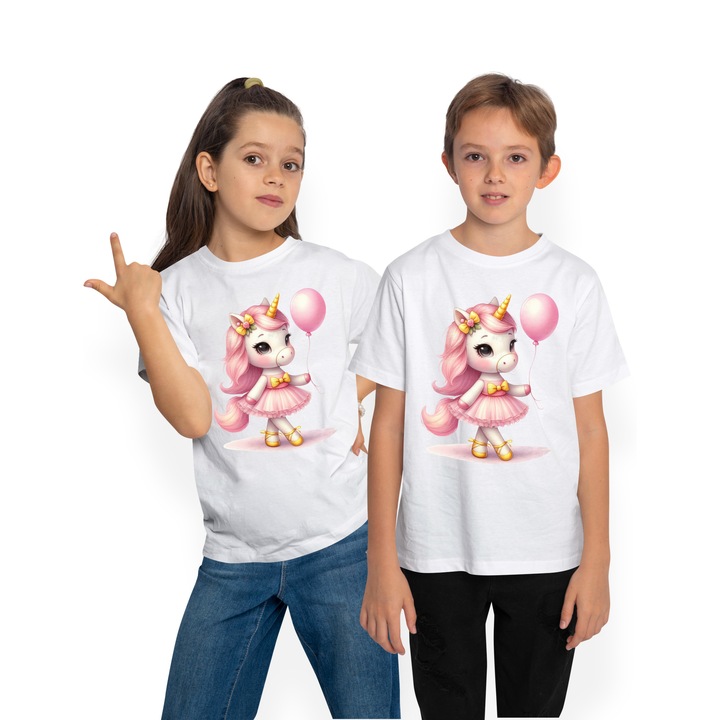 Tricou Copii cu un unicorn care tine un balon roz, ilustratie, rochita de balerina, imbujorata, emotii, joaca, pentru copii, Alb