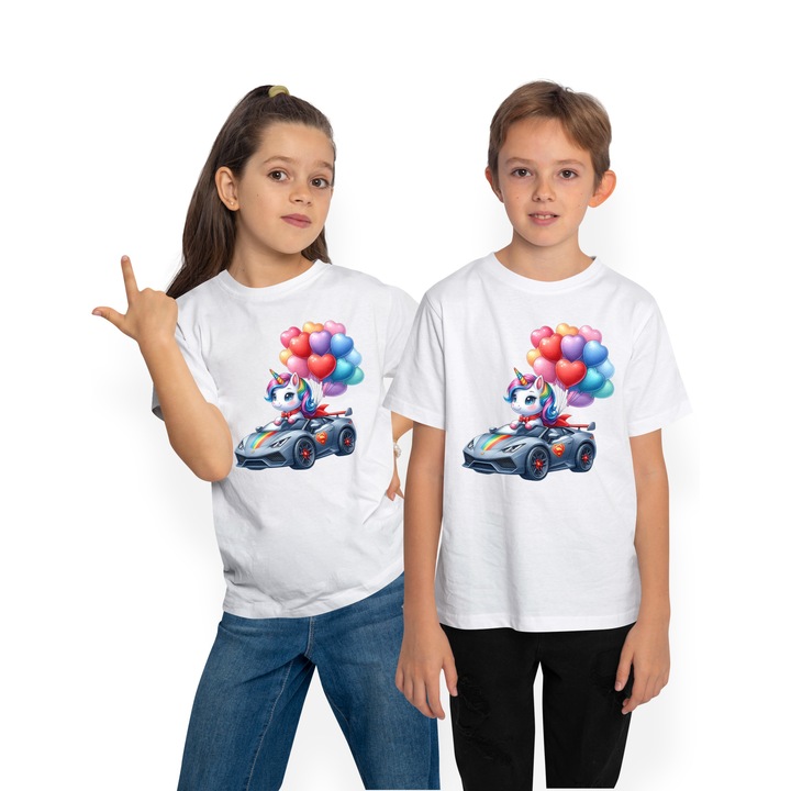 Детска тениска с еднорог, каращ Lamborghini, илюстрация, много различни цветни балони във формата на сърца, подарък, Бял