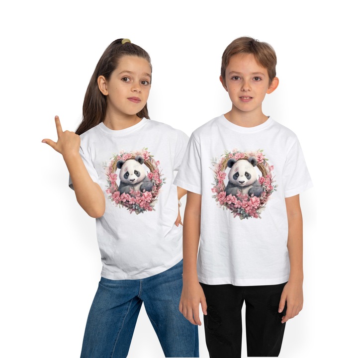 Tricou Copii cu un urs Panda, ilustratie, coroana din floricele roz, putin speriat, animal pe cale de disparitie, ezita,, Alb