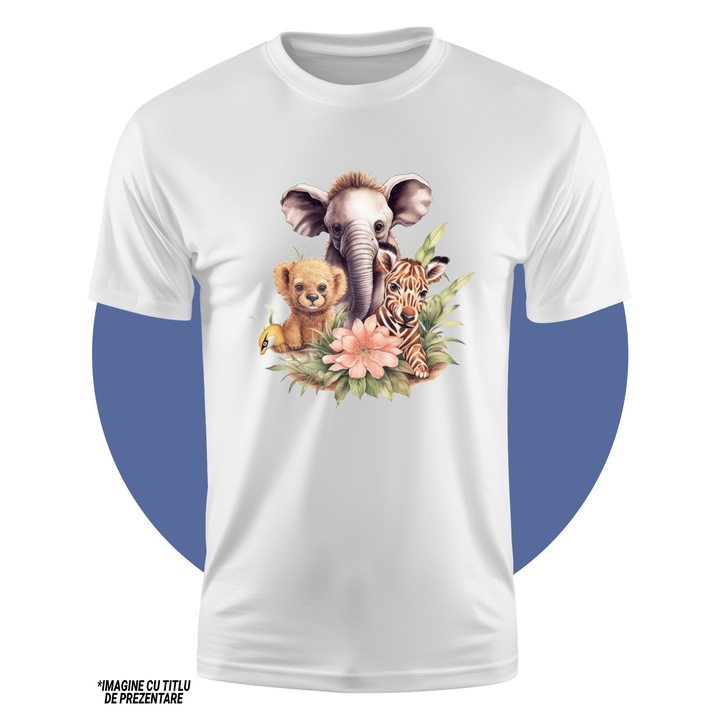 Tricou Copii cu mai multe animalute salbatice, ilustratie, in natura, jungla, floare, pentru copii, elefant, girafa, 100% Bumbac, Unisex, Alb, 4 Ani, 43CM