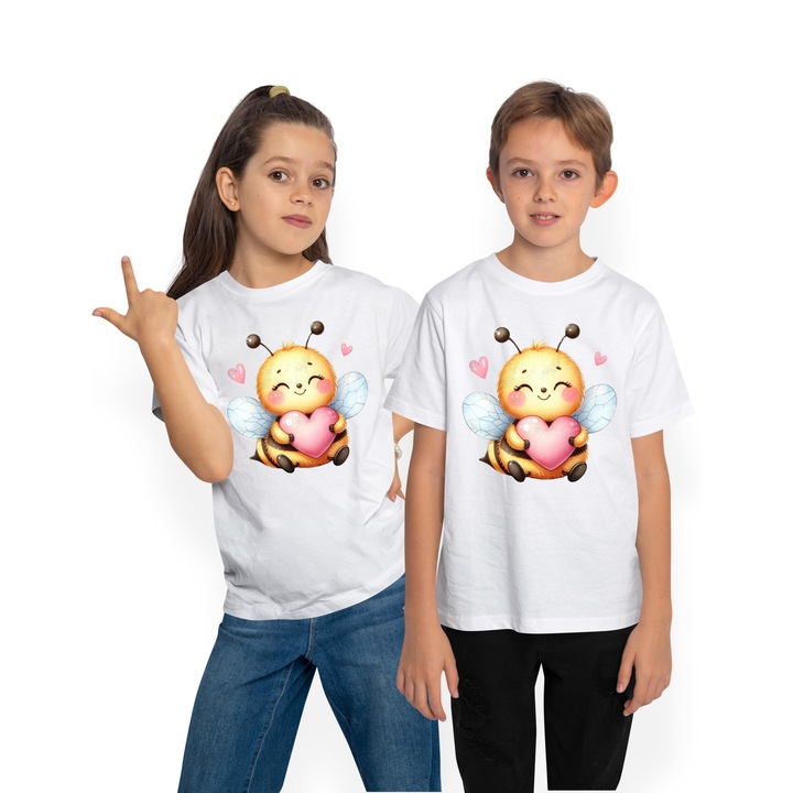 Тениска Деца с пчела, държаща сърце, илюстрация, признателност, обич, щастие, Свети Валентин, подарък, руж, Бял