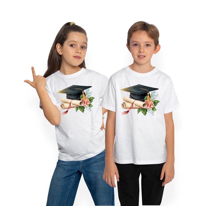 Póló Gyerekek érettségi sapkával, toque, diploma, diploma, főiskola, befejezett tanulmányok, illusztráció, teljesítmény, virág, Fehér