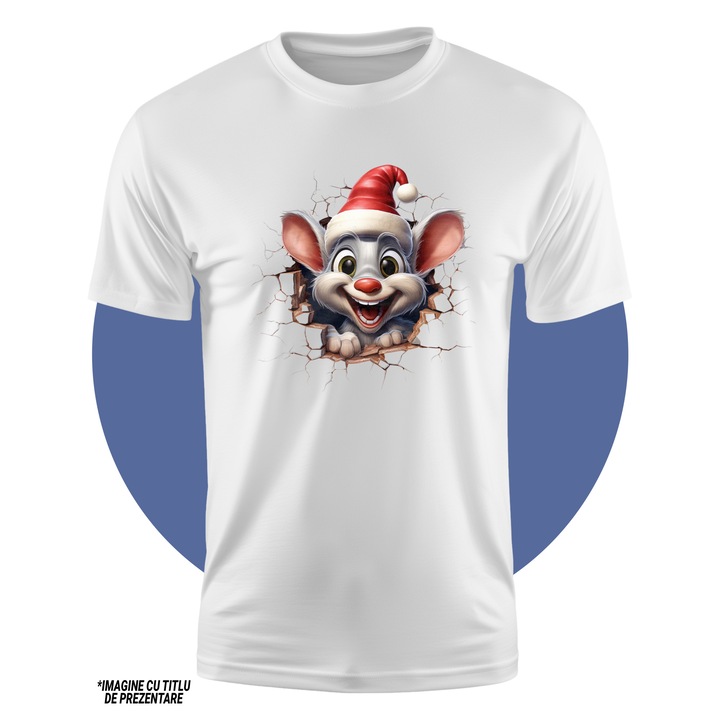 Tricou Copii cu un soricel cu caciula de Craciun, ilustratie, sarbatoare alaturi de cei dragi, bucurie, rozator, scoate capul printr-o gaura in perete, 100% Bumbac, Unisex, Alb, 12 Ani, 64CM