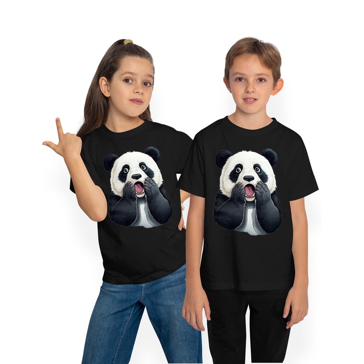 Tricou Copii cu un urs Panda care a ramas cu gura cascata, ilustratie, socat, uimit, frica, animal pe cale de disparitie,, Negru