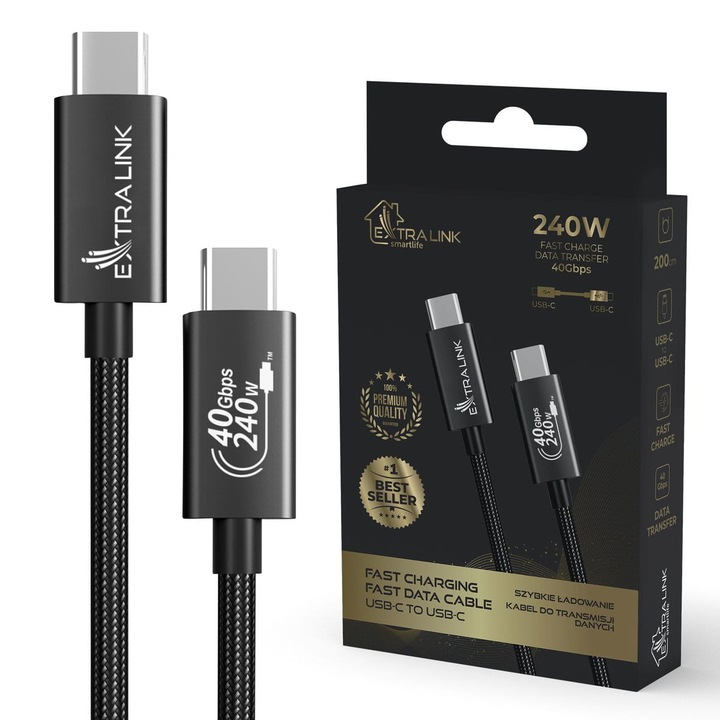 Cablu USB Type-C la Type-C Extralink Smart Life, impletit, culoare neagra, lungime 200 cm, suport pentru incarcare rapida 240W si transfer de date pana la 40Gbps, compatibil cu smartphone-uri, tablete si laptopuri, design durabil si flexibil