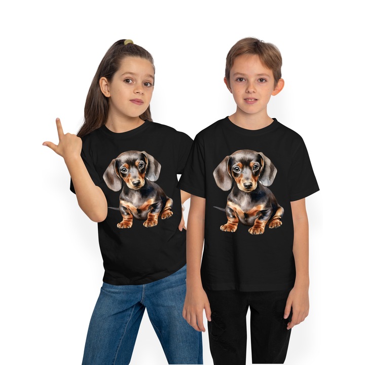 Tricou Copii cu un catel Dachshund surprins, ilustratie, curios, pentru iubitorii de caini, rasa de talie mica, Negru