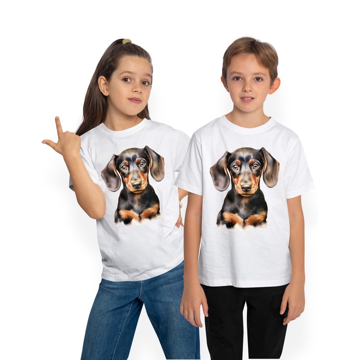 Tricou Copii cu un catel Dachshund curios, ilustratie, pentru iubitorii de caini, negru, prietenul omului, animalut de companie, Alb