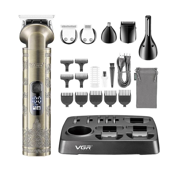 Masina de tuns profesionala cu acumulator, ASON ™️ VGR V-109, cu afisaj LED, 14 capete, saculet de transport inclus si baza de depozitare