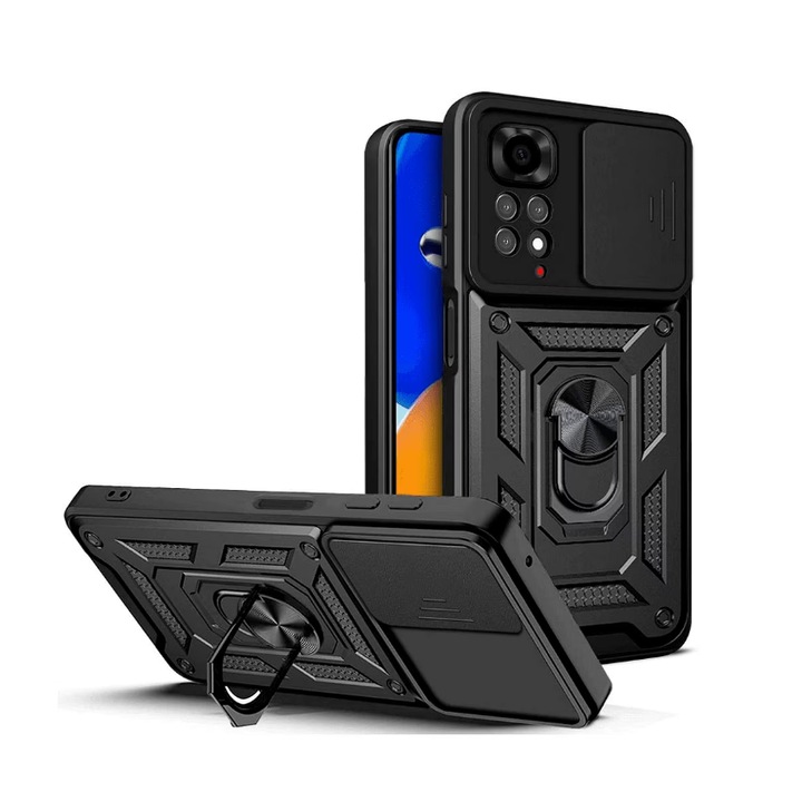 Husa de protectie compatibila cu Samsung Galaxy A51, CamShield, protectie camera, margini intarite, inel tip stand magnetic, TPU, Negru