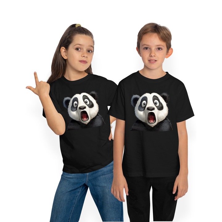 Tricou Copii cu un urs Panda socat, ilustratie, a ramas cu gura cascata, uimit, nu a mai vazut asa ceva, putin speriat,, Negru