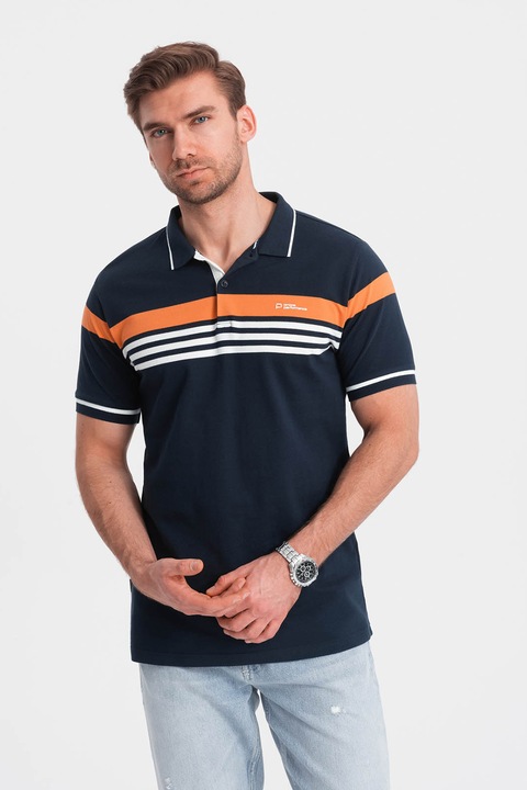 OMBRE, Galléros pamutpóló, Fehér/Narancssárga/Tengerészkék