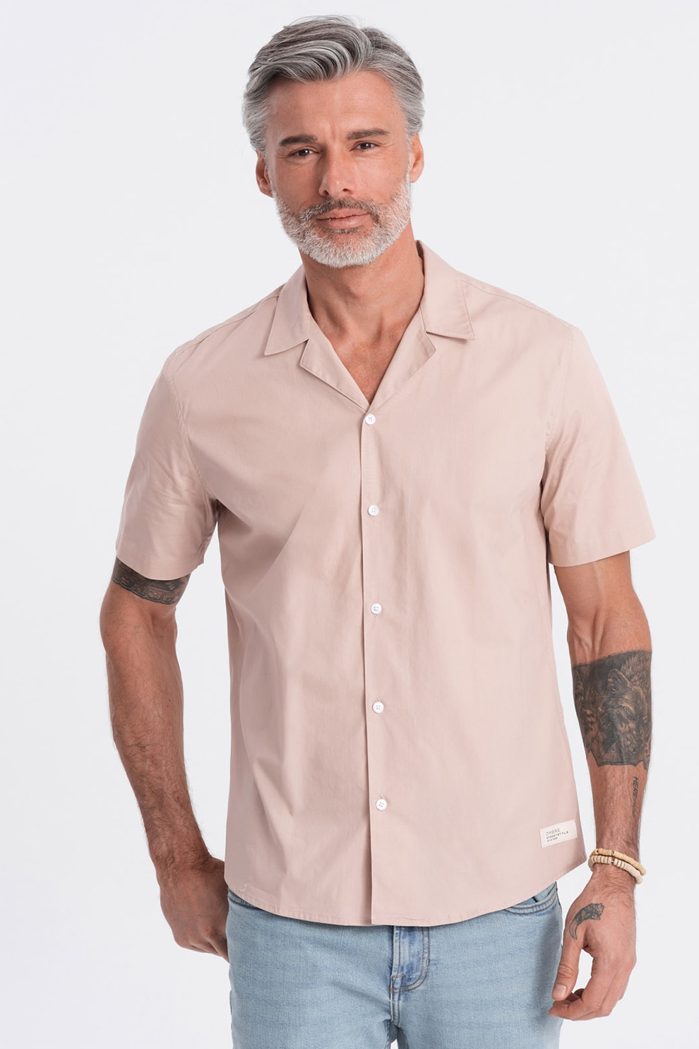 OMBRE, Camasa de bumbac cu maneci scurte, Bej, XL