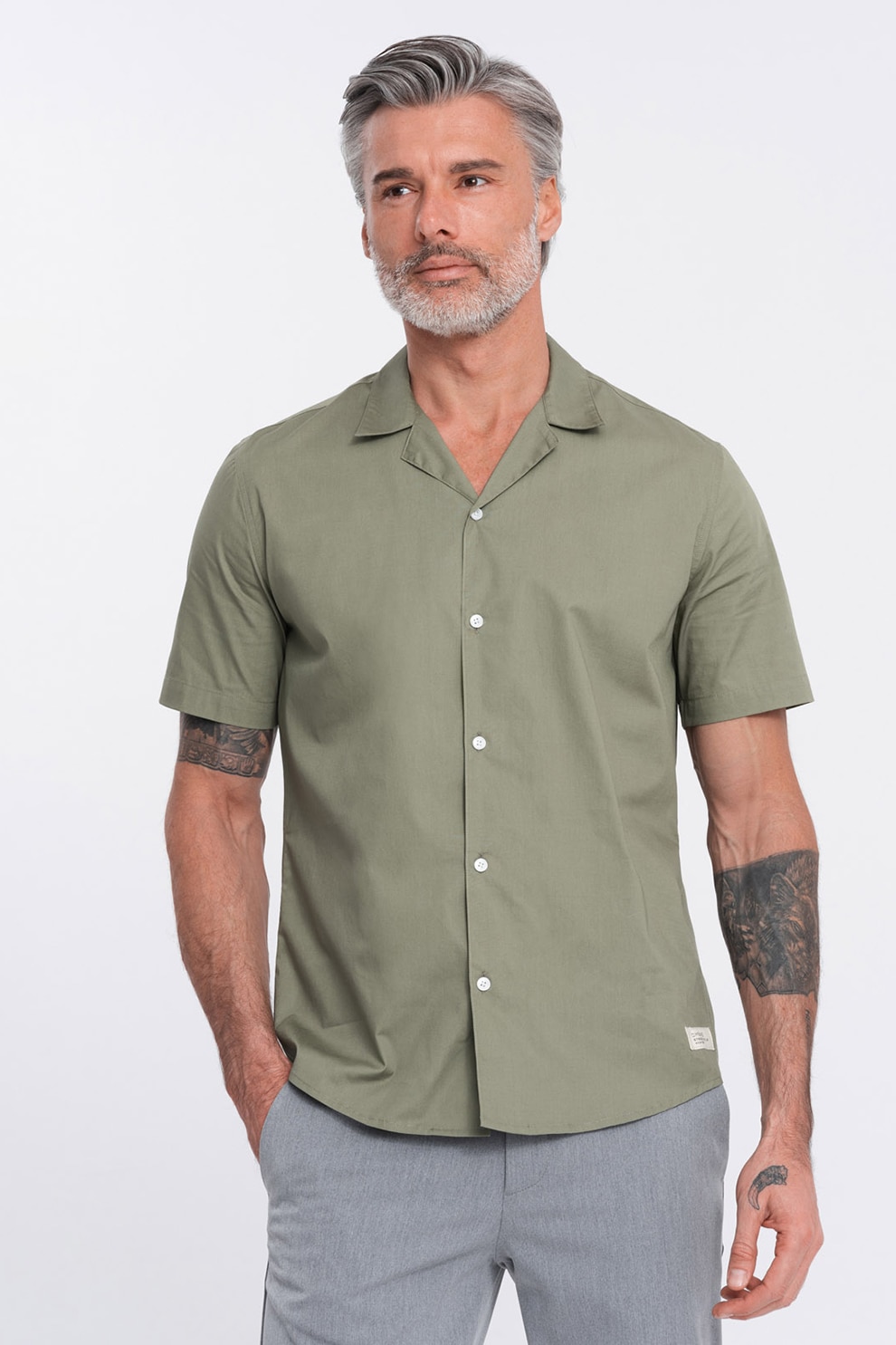 OMBRE, Camasa de bumbac cu maneci scurte, Verde masliniu, XL
