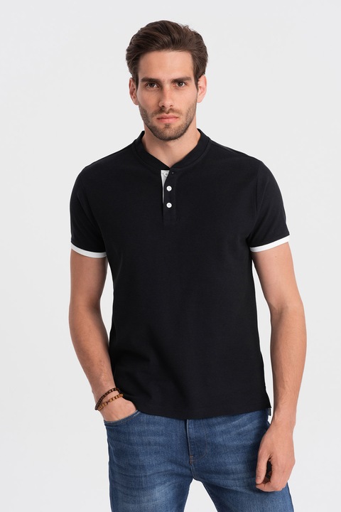 OMBRE, Tricou de bumbac cu fenta cu nasturi, Negru