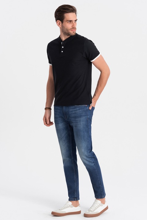 OMBRE, Tricou de bumbac cu fenta cu nasturi, Negru, XL