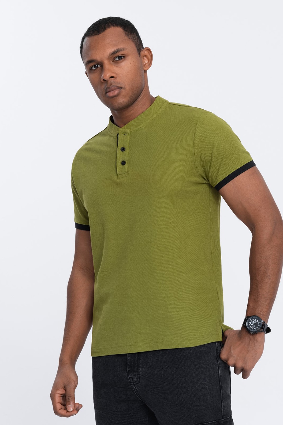 OMBRE, Tricou de bumbac cu fenta cu nasturi, Verde masliniu, XL