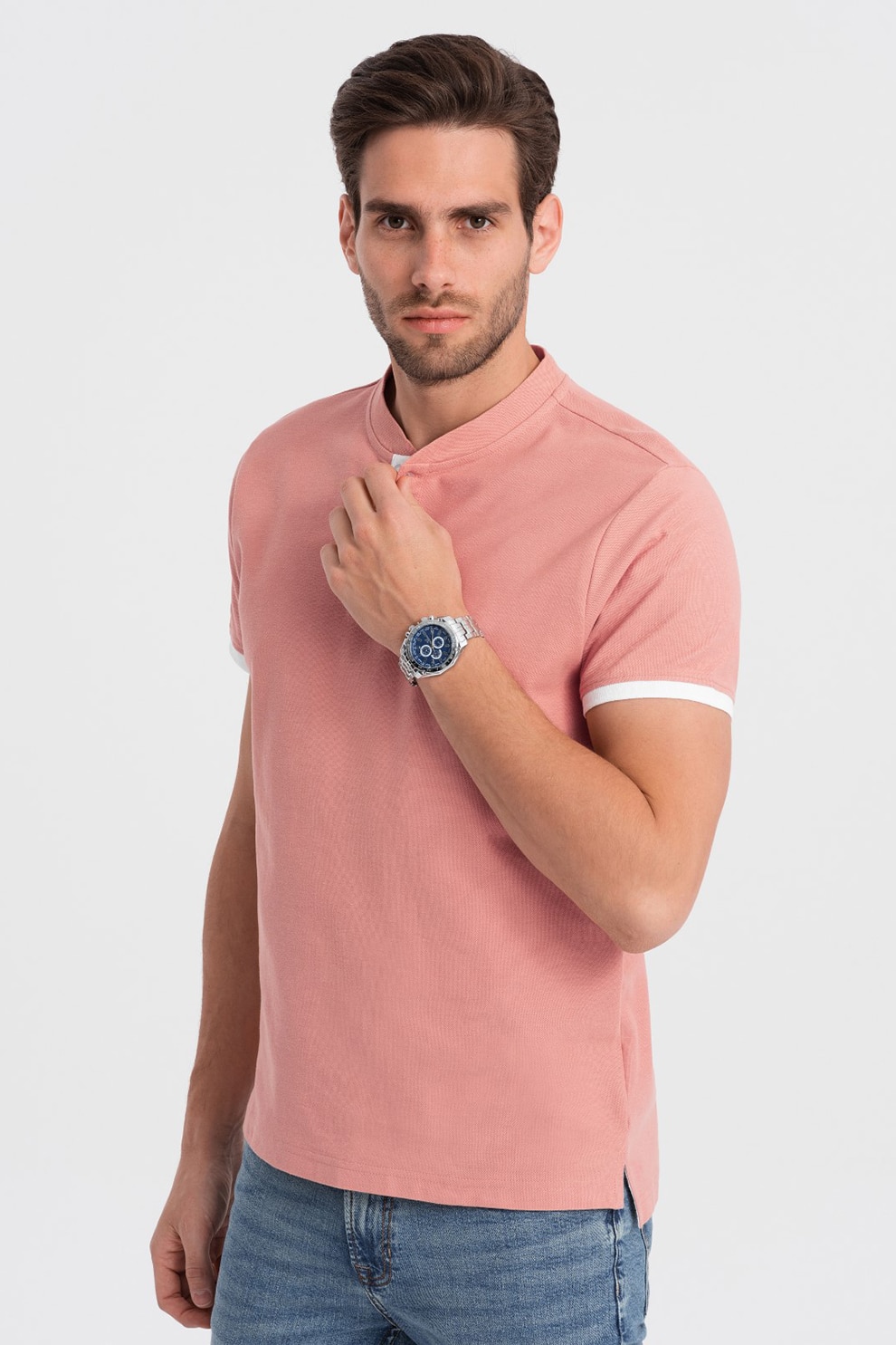 OMBRE, Tricou de bumbac cu fenta cu nasturi, Roz somon, XL