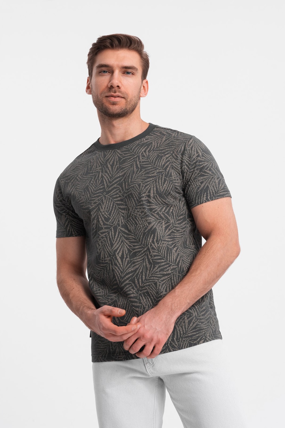 OMBRE, Tricou cu model si decolteu la baza gatului, Gri inchis, M