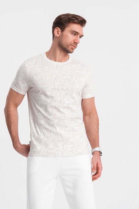 OMBRE, Tricou cu model si decolteu la baza gatului, Alb murdar