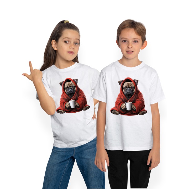 Tricou Copii cu un catel Pug care poarta un capod rosu, ilustratie, tine o Tricou Copii cu ceai fierbinte, suparat, animal de companie, trist,, Alb