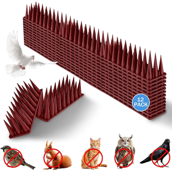 Set de 12 Bucati Banda cu Tepi Anti Pasari, BOMSTOM, pentru pasari si porumbei, tepi plastic dur, Maro