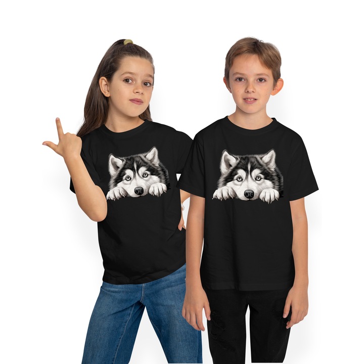 Tricou Copii cu un caine Husky putin speriat, ilustratie, animal de companie, alb & negru, fricos, Negru