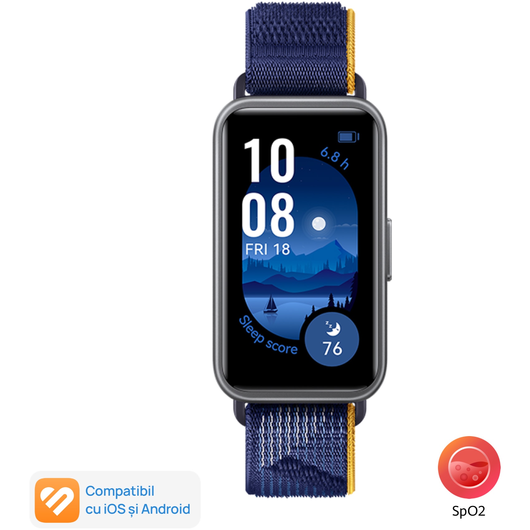 Bratara fitness Huawei Band 9, Dark Gray Body with Blue Nylon Strap