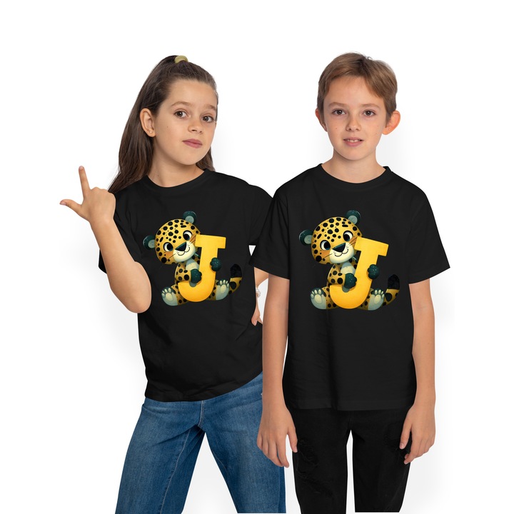 Tricou Copii cu un jaguar cu litera "J", ilustratie, pentru copii, scoala, elev, abecedar, scrie, invata, alfabet, Negru
