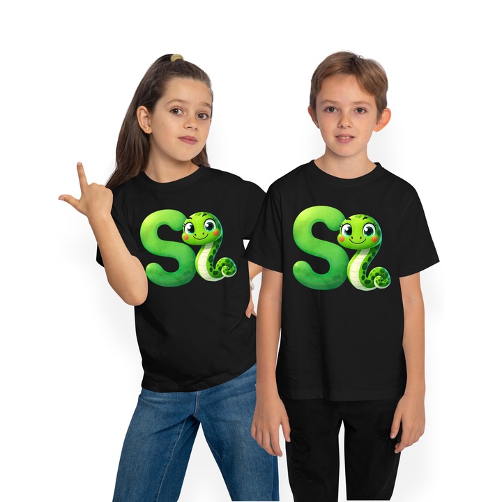 Tricou Copii cu un sarpe verde cu litera "S", ilustratie, pentru copii, scoala, elev, abecedar, scrie, alfabet, Negru