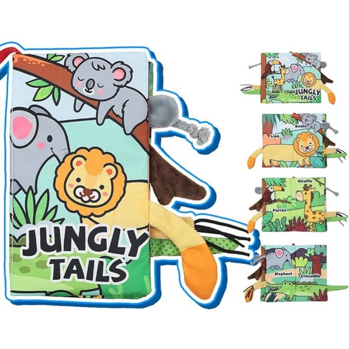 Interaktív textilkönyv készlet babáknak, Jungle Tails, érzékszervi, tarka, 0-6 hónapos korig