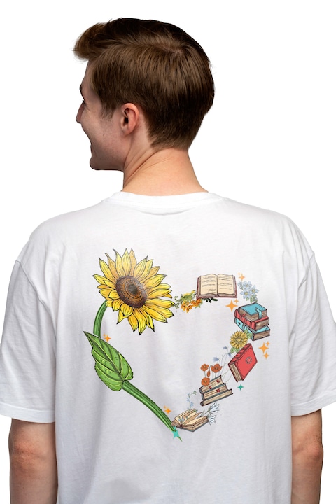 Мъжка тениска с много книги и слънчогледи, образуващи сърце, книга, илюстрация, литература, четиво, растения, природа, въображение, Чисто бяло