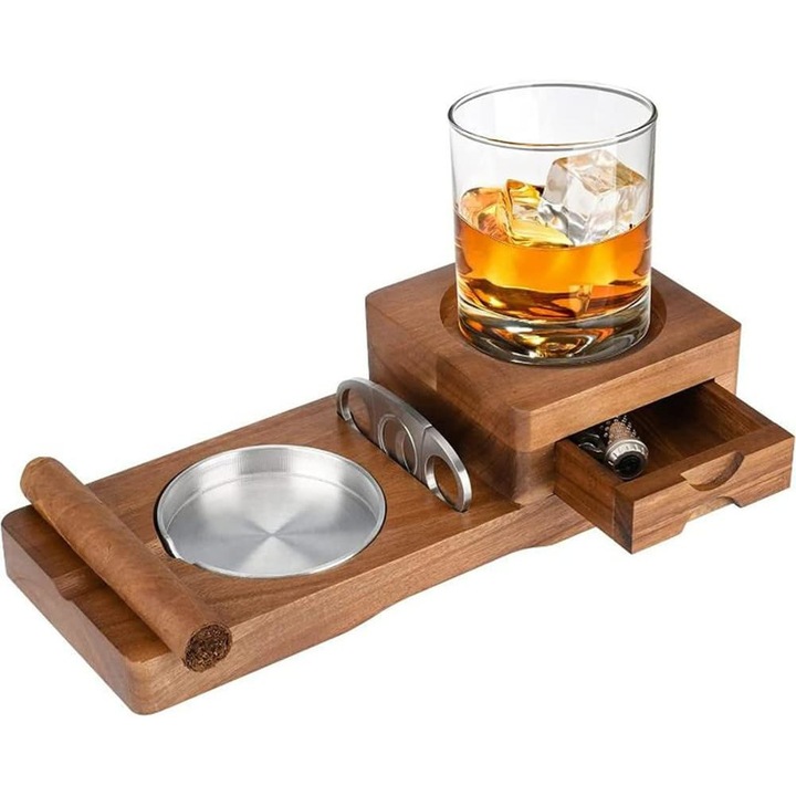 ZUNSEAT whiskys pohártartó és hamutartó készlet, rusztikus fa, 27,4x10,9 cm