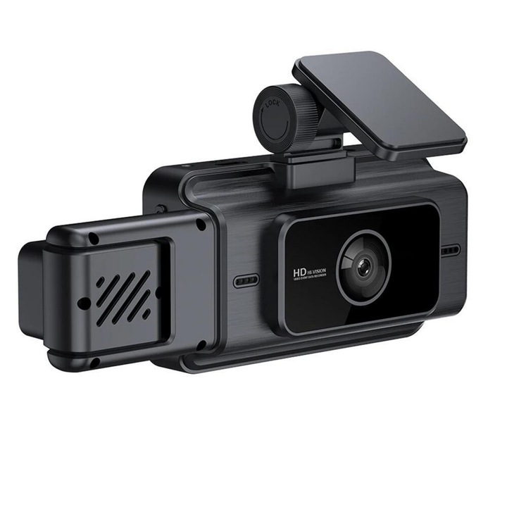 DVR камера за кола, MOSMAOO®, Full HD 1080P, 3-посочна, 170° Ultra-Wide Field of View, нощно виждане, сензор за гравитация, 32 GB памет, цикличен запис, 2 LCD екрана